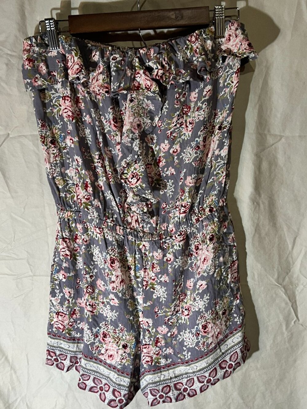 Angie Women's‎ L Boho Floral Strapless Romper Shorts Cruise Beach Pockets Tube